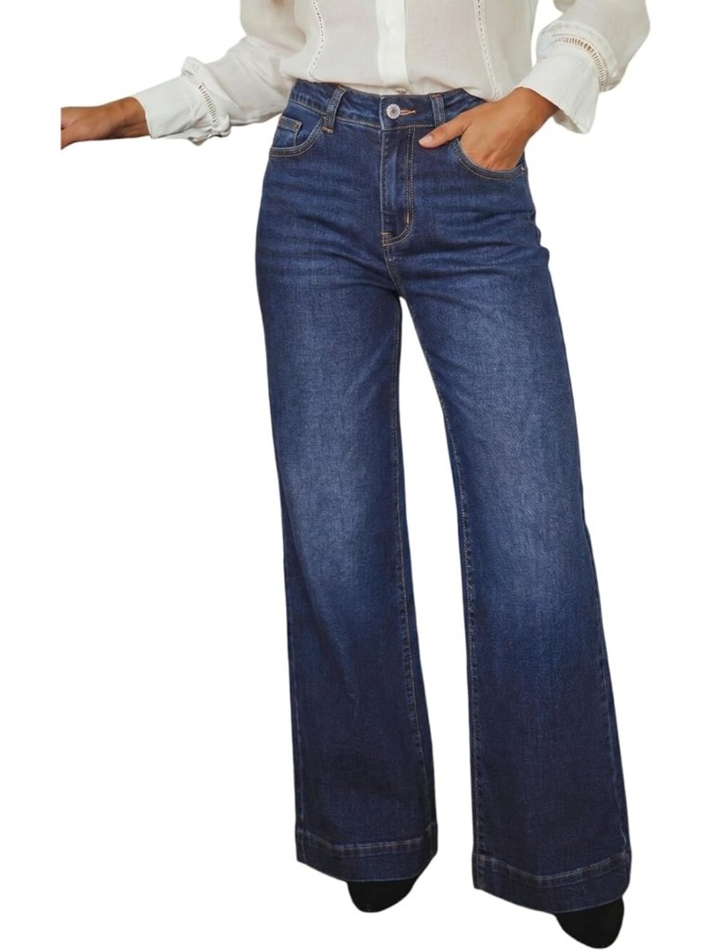 Women's Navy Blue Wide Leg Baggy Flare Jeans High Waisted Straight Leg Jeans